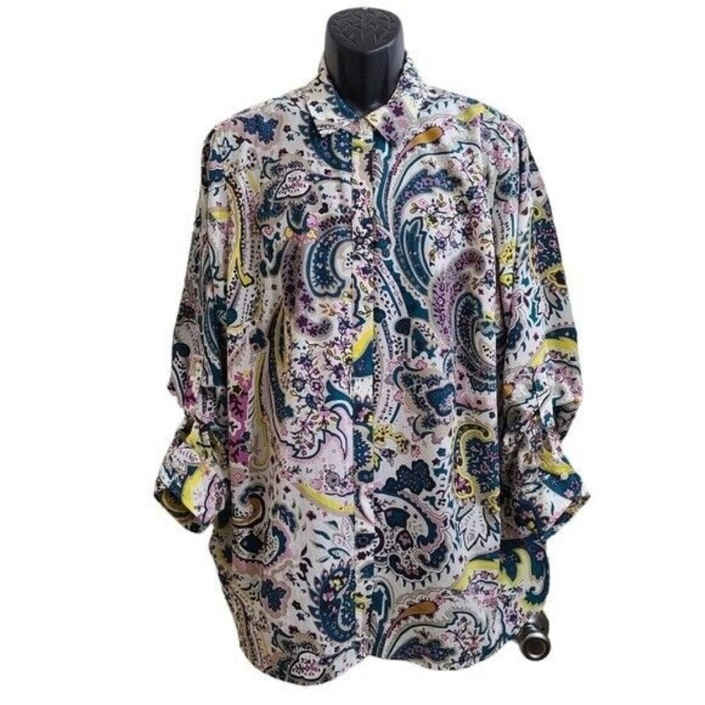 Talbots Paisley Long Sleeve Button Down Shirt Plus Size 2X Roll Tab